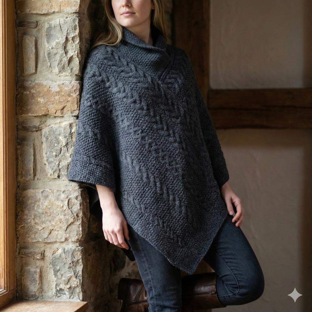 Aran Sweater Market Poncho‎ Merino Wool Cable Knit Charcoal Grey Made in Ireland